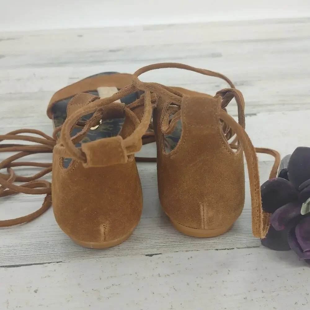 Free People NEW Brown Leather/Suede Ankle Wrap Straps Sandals Gold Size 7.5